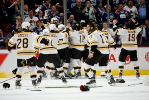 The Bruins celebrate as they win game seven in Vancouver.